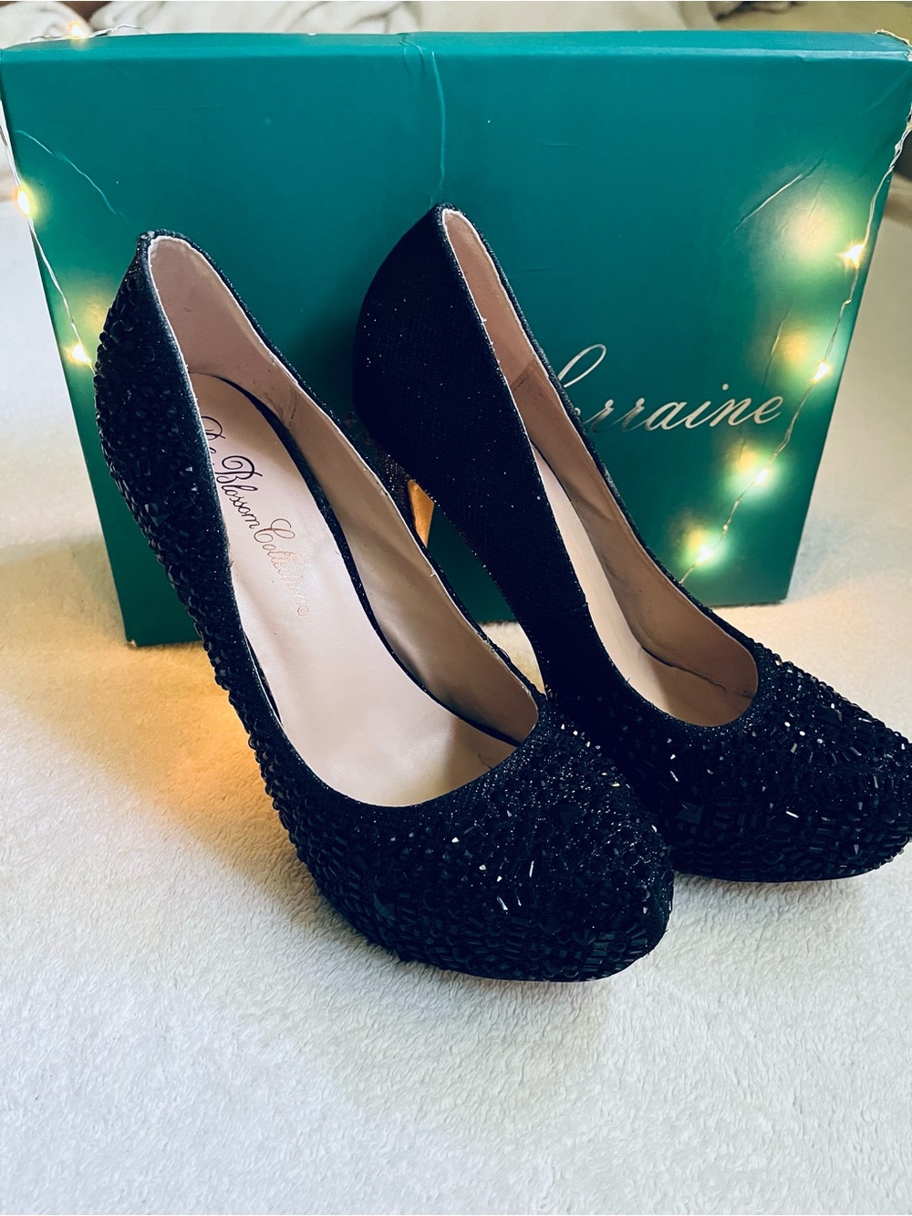 De Blossom Collection Black Beaded Platform Pumps